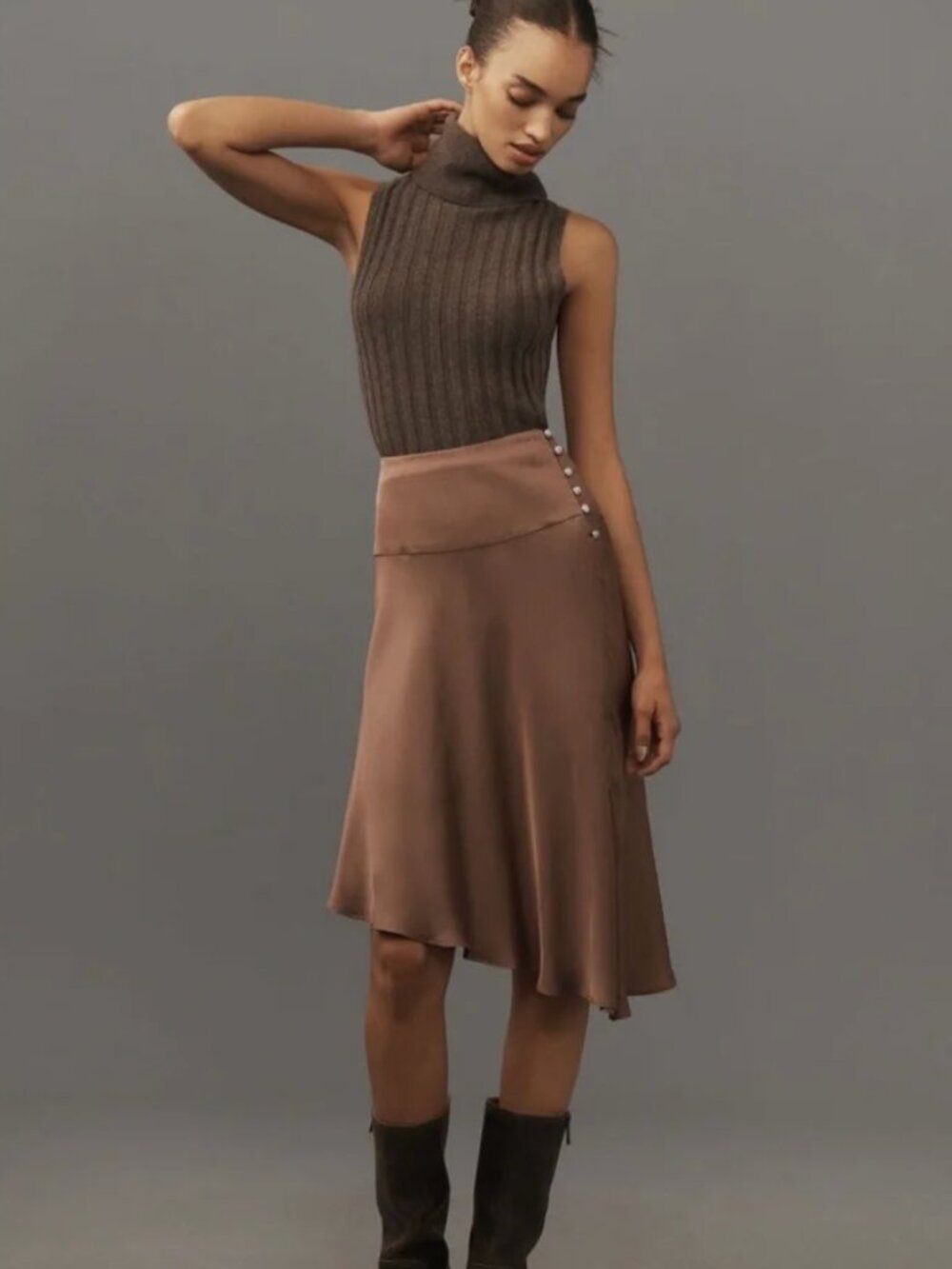 NWT By Anthropologie Asymmetrical Slip Midi Skirt - Size Small - Cocoa